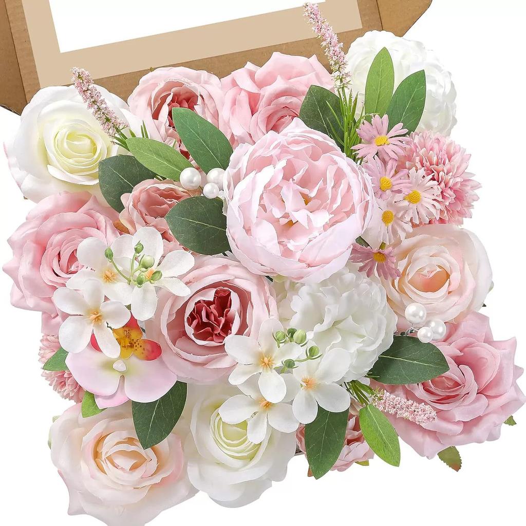 Artificial Flower Combination Box Set, Pink Silk Artificial Rose Bride Bouquet for Outgoing/Indoor DIY Center Piece Flowers for