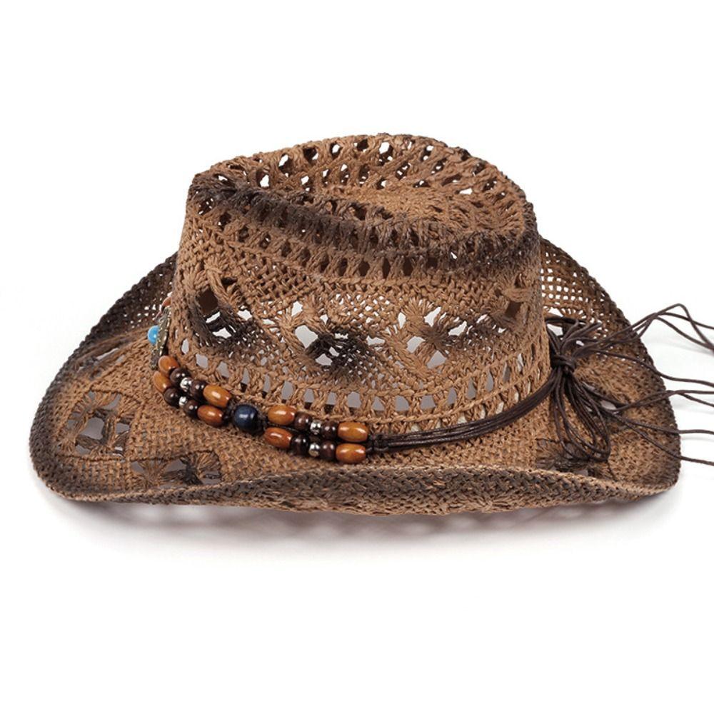 Beads Western Cowboy Hat Wide Brim Cowgirl Visor Cap Classic Sun Hat Travel