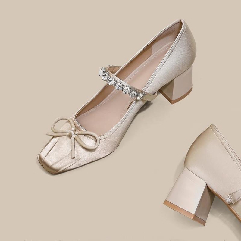 Fashion Hot Selling 2025 New Chinese Style Ballet Flats Crystal Embellished Mary Janes Square Toe High Heels Single Shoes for Dresses