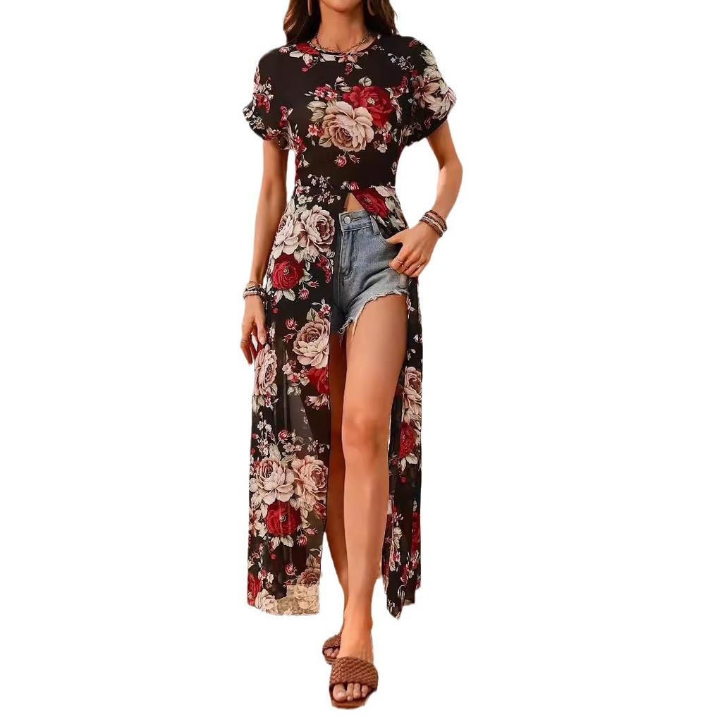 Women's Printed High Slit Long Casual Holiday Shirt Summer Fashion Dress