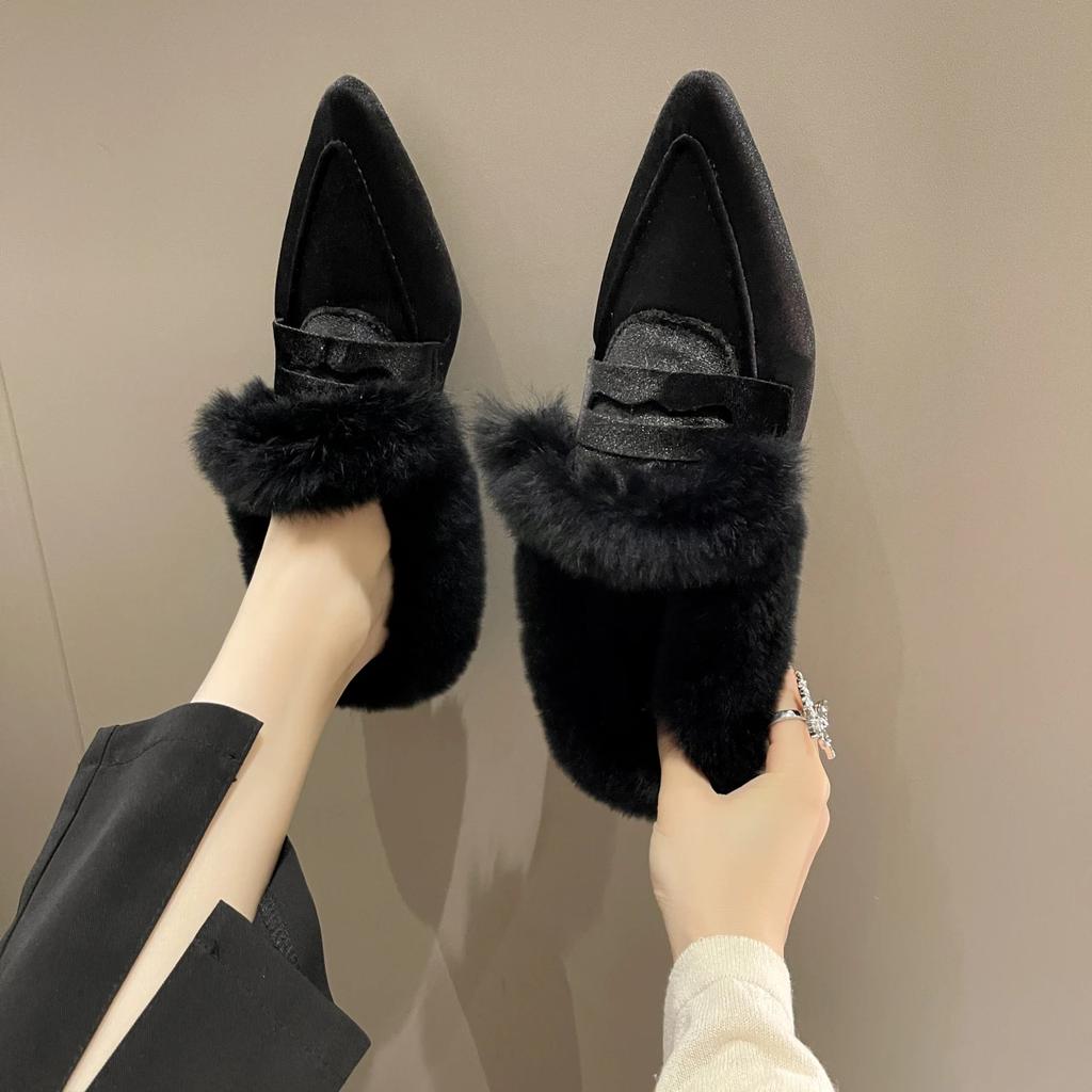 Fashion Fur Women Flats Cotton Boots Pointed Toe Suede Warm Shoes 2024 Winter Designer Snow Boots Short Plush Walking Sexy Lady Shoes