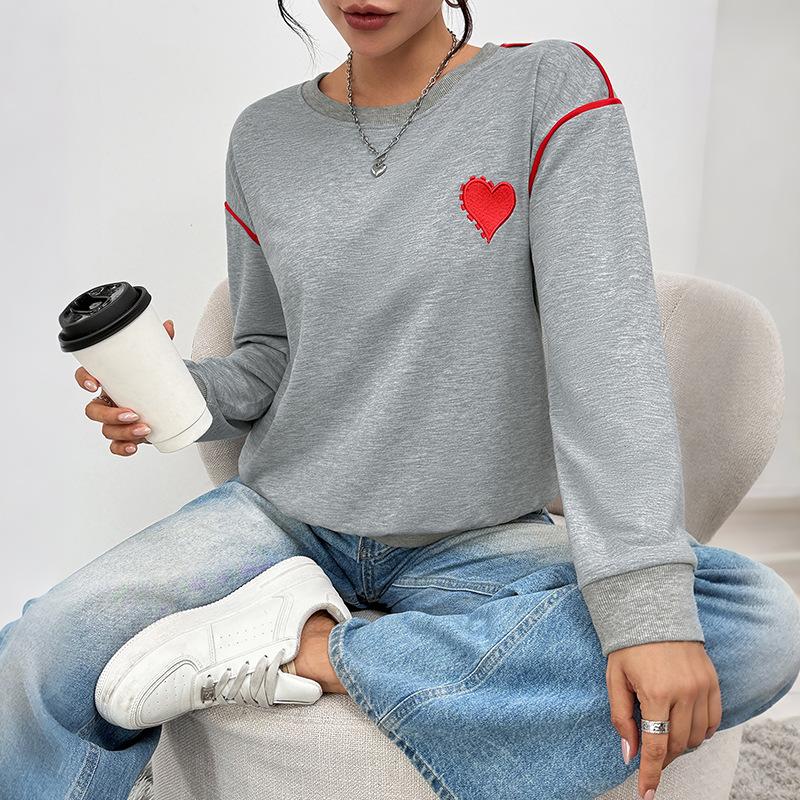 Autumn Winter New Korean Style Women Heart-shaped Embroidered Dropped Shoulder Sleeves Long-sleeved Round Neck Loose Sweatshirt
