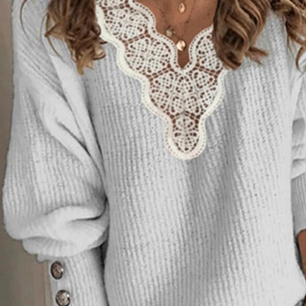 Women Autumn Winter T Shirts Long Sleeve Sexy Lace Patchwork V Neck Buttons Sweater Jumper  Mesh Design Fashion Hollow Out Tops
