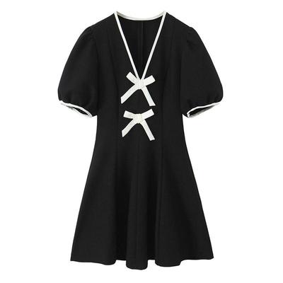 European American Style Autumn 2025 Color Block Bow Midi Dress