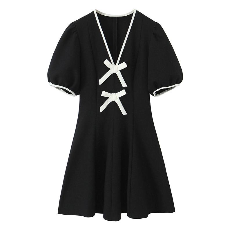 European American Style Autumn 2025 Color Block Bow Midi Dress Extra Small