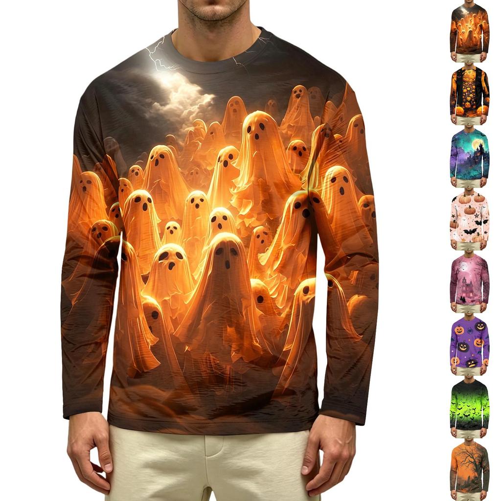 Men's Long Sleeve Casual T Shirt Crew Neck Haunted House Print Halloween Theme Graphic Tee Comfortable Fit