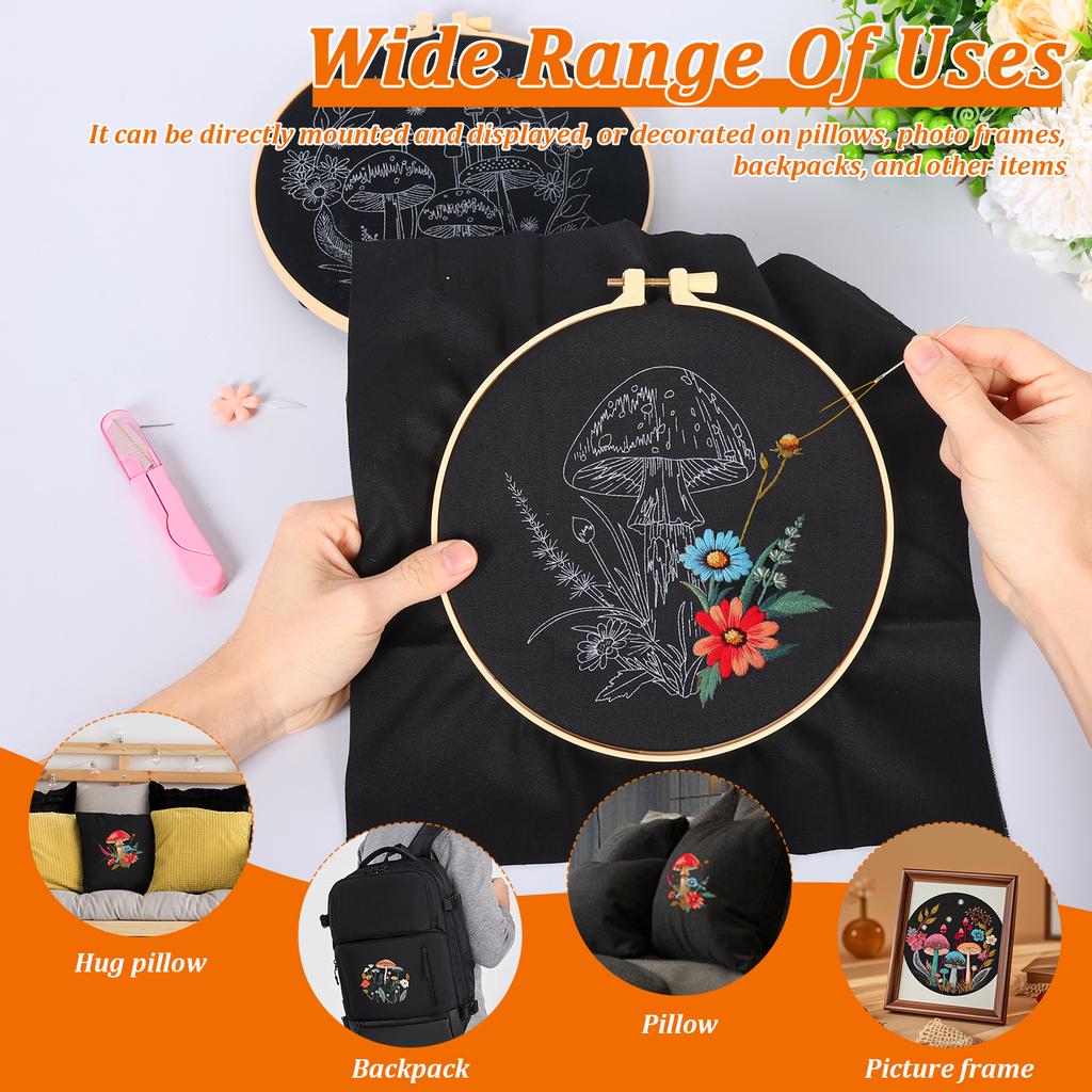 Mushroom Embroidery Kit 3 Cloth and Hoop Embroidery Kit with Pattern for Beginner Adult for DIY Handcraft Enthusiast