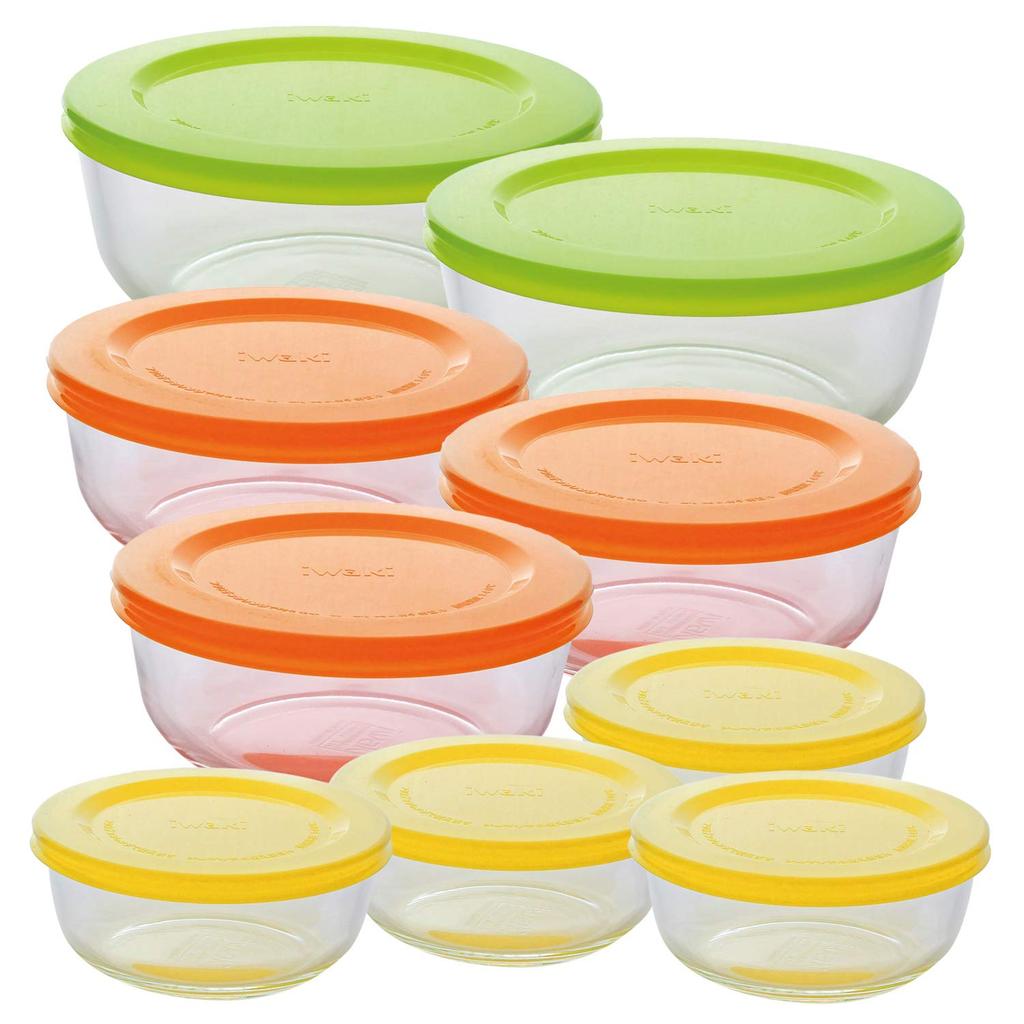 Iwaki 9-Piece Heat-Resistant Glass Storage Containers, Pack Bowl, Colorful, 180ml, 400ml, and 800ml Capacity, 2 Large, 3 Medium, and 4 Small, Glass,
