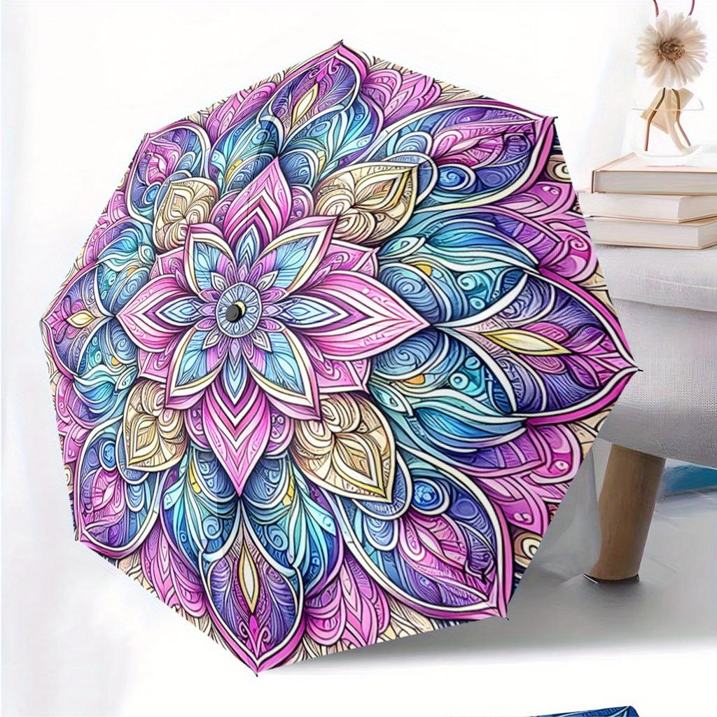 Automatic Folding Umbrella Mandala pattern with vibrant colors. Portable collapsible design, casual outdoor accessory, for all