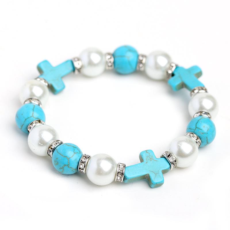 Turquoise Cross Bracelet with Shiny Rhinestones and Pearls синий