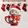 Christmas Pendant 2D Acrylic Cat Sitting Mug Charm Hanging Decor with Lanyard Holiday Party Decoration