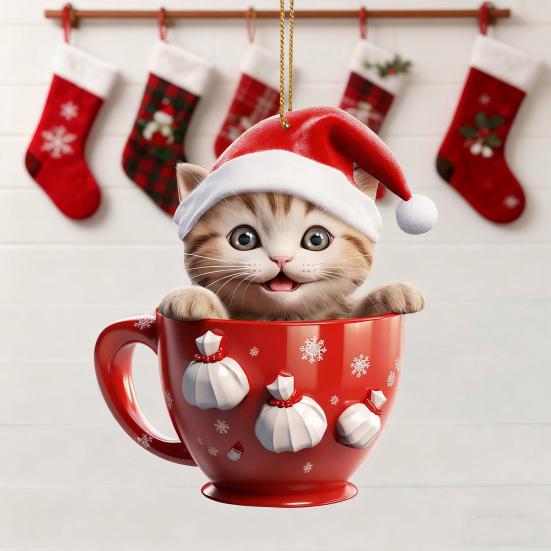 Christmas Pendant 2D Acrylic Cat Sitting Mug Charm Hanging Decor with Lanyard Holiday Party Decoration