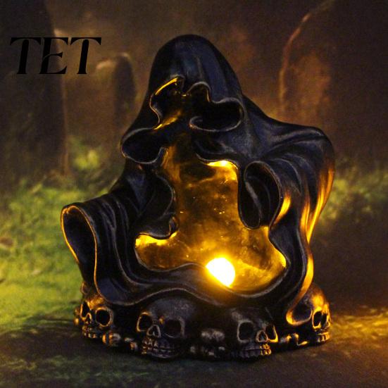 Spooky LED Ornament for Halloween Party Wizard Ghost Night Light with Embossed Skull Base, Resin Glowing Figurine, Environmentally Friendly