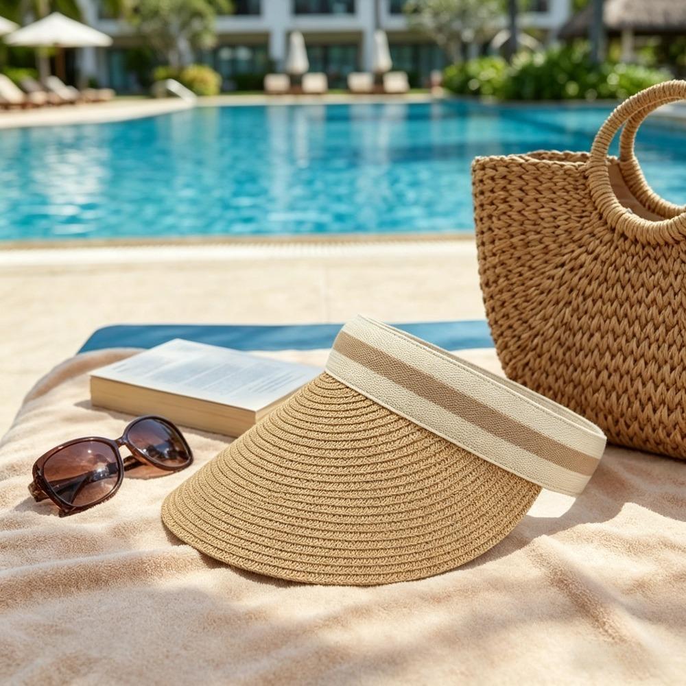 Cappello da Sole da Spiaggia Estivo da Donna in Paglia - Leggero con Fascia a Strisce Pieghevole per Esterno - Disponibile in 4 Colori