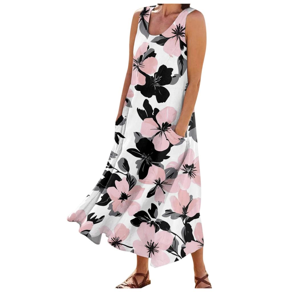 Women's Fashion Summer Casual Sleeveless Floral Printed Small Pocket Dresses