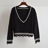 Spring & Fall New V-neck Short Tassel Raw Hem Ripped Long Sleeves Sweater Women's Thin Loose Slimming Sweater Tops