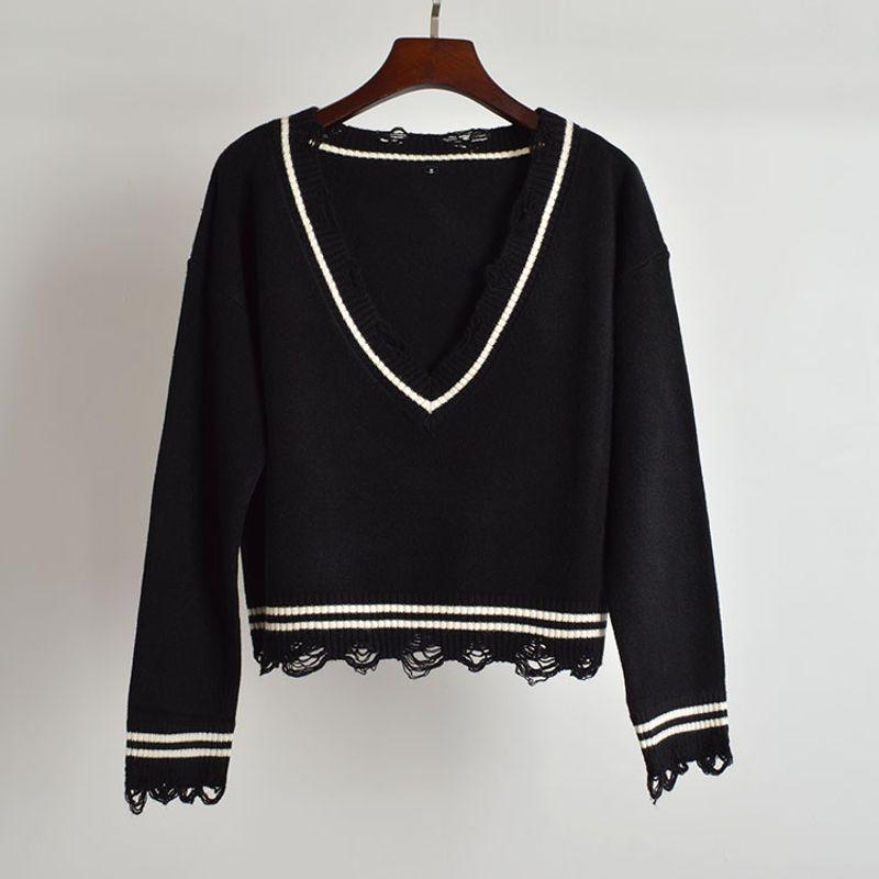 Spring & Fall New V-neck Short Tassel Raw Hem Ripped Long Sleeves Sweater Women's Thin Loose Slimming Sweater Tops