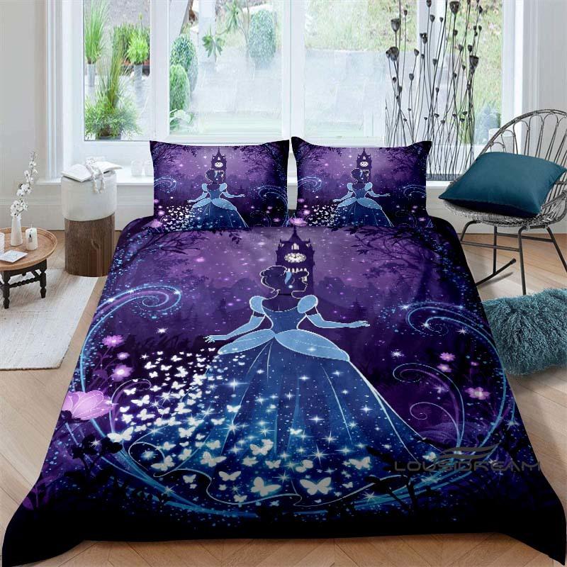 Cartoon-themed Cinderella fairy tale duvet cover and pillowcase bedding set, suitable for boys' and girls' bedrooms, and as a