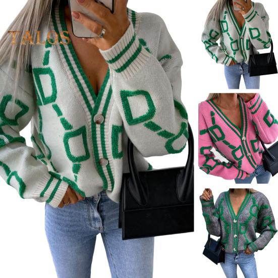 Damen Pullover Mantel V-Ausschnitt Langarm Buchstabenprint Einreihig Strickpullover Lockere Passform Warm Strickjacke