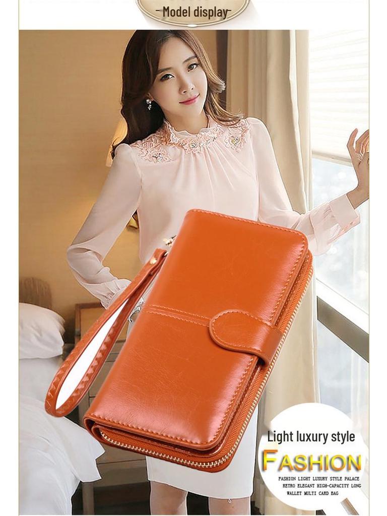 Women's Trifold Leather Wallet - Coin Purse, Card Holder & Phone Bag (Oily Leather, H006)