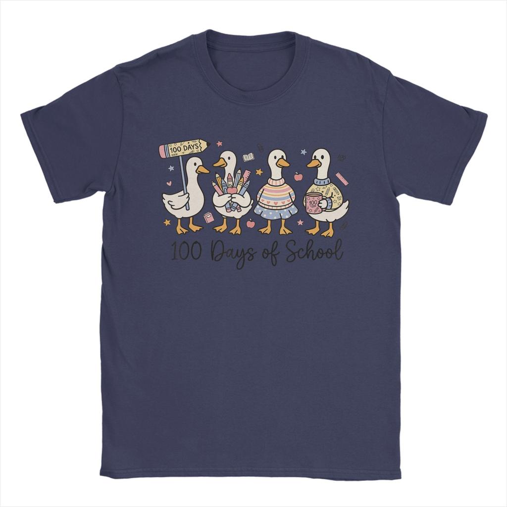 Vintage 100 Days of School Ducks Cute Goose Teacher 100th Day TShirts Unisex Round Collar Pure Cotton T Shirts Short Sleeve