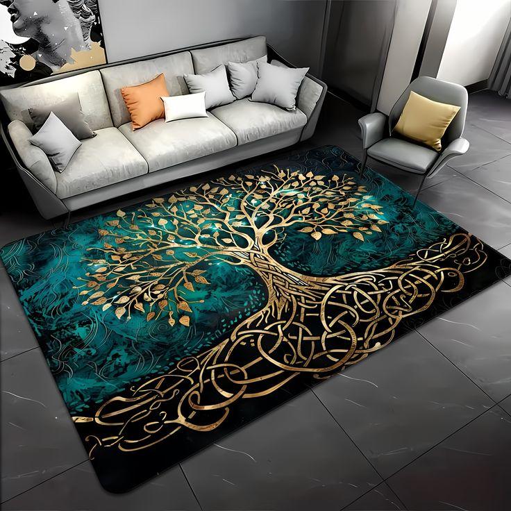 Tree of Life Pattern Large Area Rug Non-slip Machine Washable for Living Room Bedroom Laundry Entryway Home Decor Carpet Mat