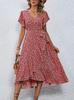 Women Boho Floral Wrap Midi Dress V Neck Ruffle Short Sleeve Belted Irregular Hem Summer Vacation Dress