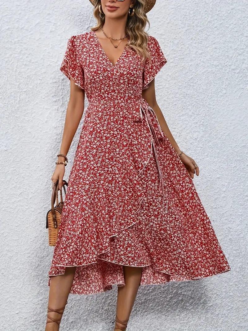 Women Boho Floral Wrap Midi Dress V Neck Ruffle Short Sleeve Belted Irregular Hem Summer Vacation Dress S