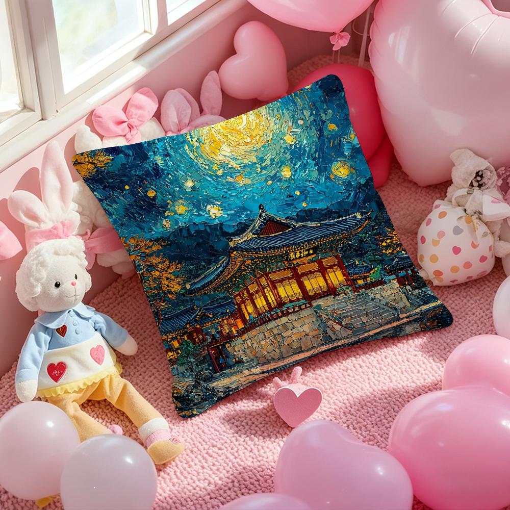 Korea Foguo Temple Cushion Cover Pattern Printed Pillowcase for Living Room Sofa Cushion Cover & Bedroom Decor