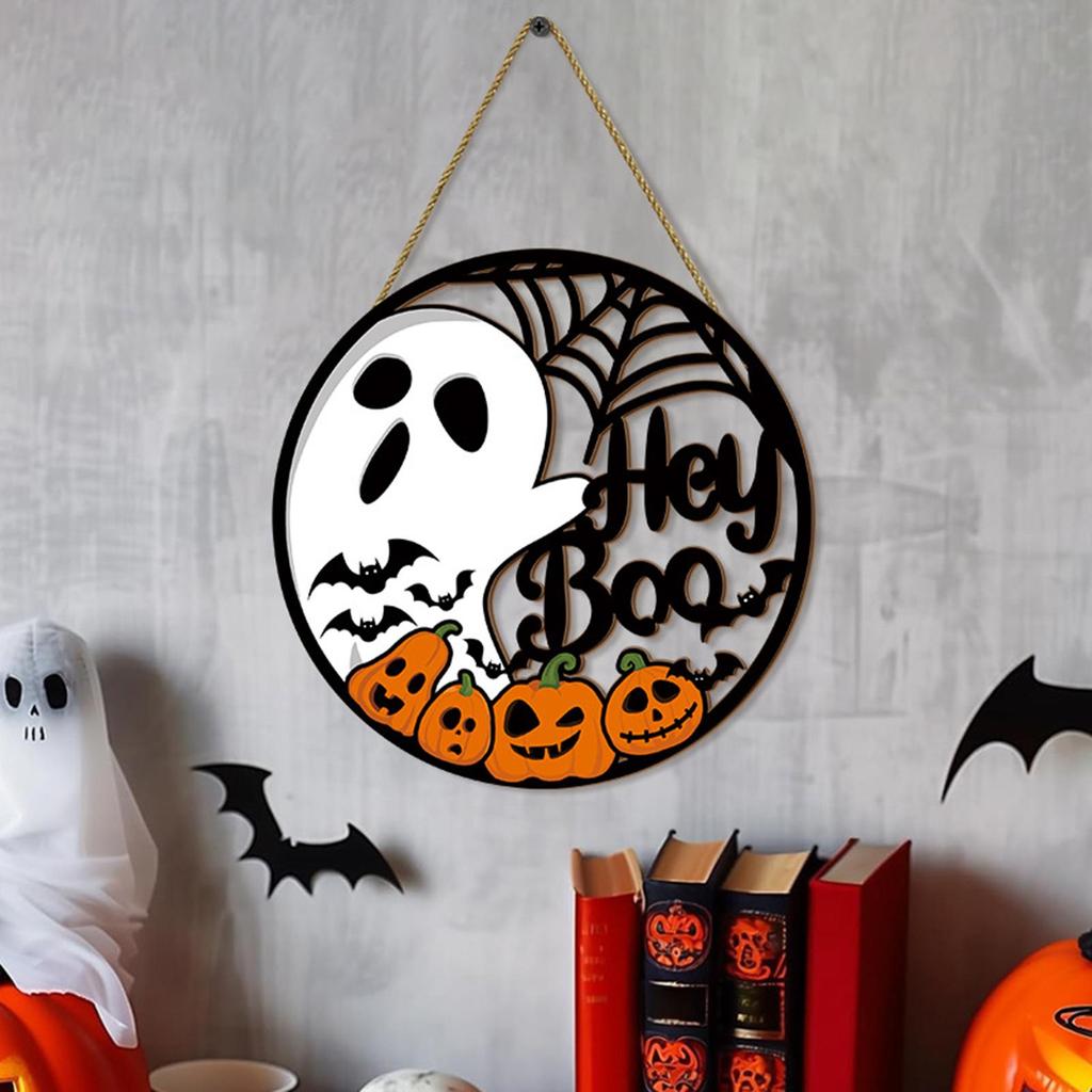 Welcome Door Sign Scary Halloween Door Hangings Ghost Pumpkin Front Door Hanger Wooden Sign for Home Yard Mantle Living Room