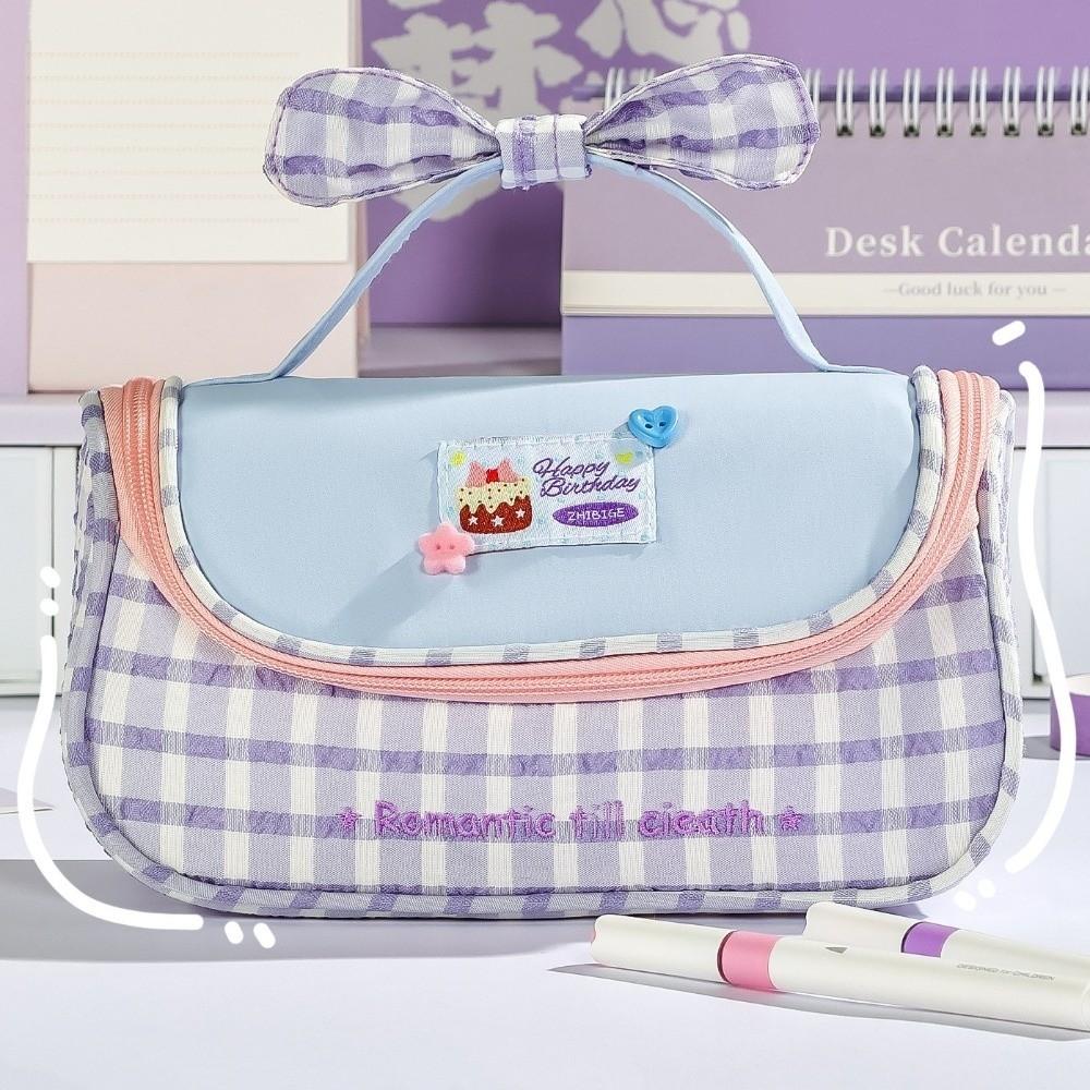 Cake Bowknot Korean Style Pen Bag Plaid Grids Cloth Stationery Bag Pencil Pouch Kids Children