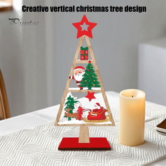 Wooden Christmas Party Decor Tree Tabletop Sign, Rustic Gingerbread Snowman Gnome Desktop Ornament with Star Gift for Family Topper, Vintage