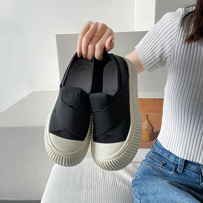 

Women s shoes 2025 new spring and autumn versatile thick-soled one-pedal shoes sports non-slip lightweight biscuits canvas shoes increase height 35 бежевый