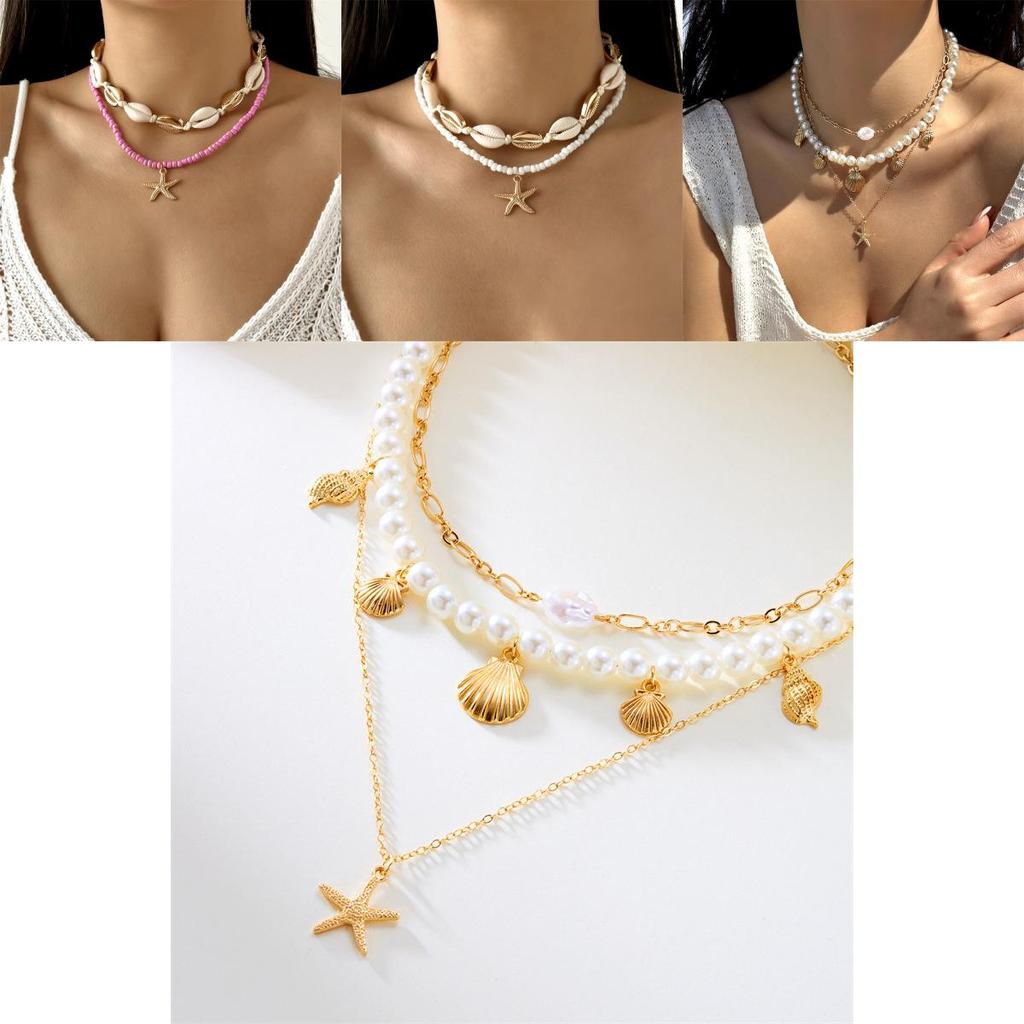 Bohemian Starfish Shell Bead Necklace With Layered Chain For Women