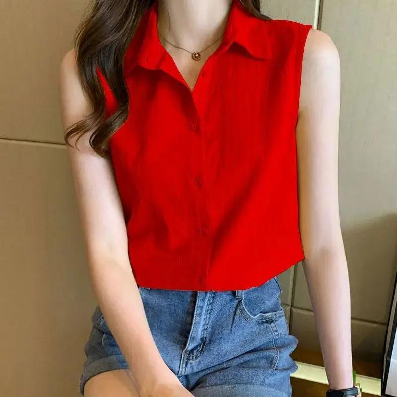 Korean Commuter Chiffon Blouse Summer New Women's Polo-Neck Button Fashion Loose Casual Ventilate Sleeveless Shirt Tops