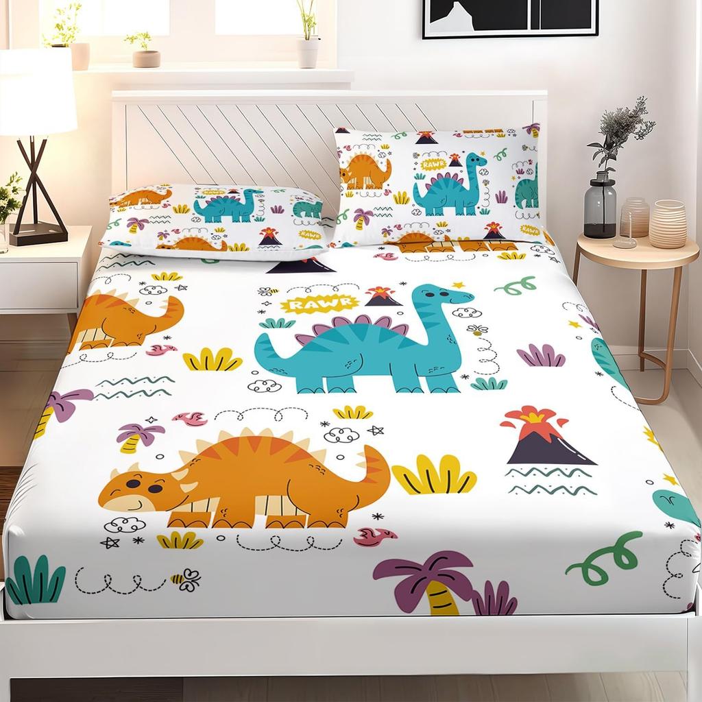 Cute Dinosaur Bedding Set 2pcs Single Size Fitted Sheet with Pillowcase for Kids Boys Teens Cartoon Animal Design