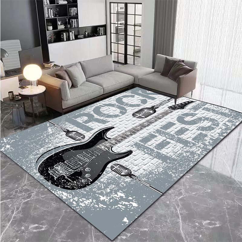 Rock Music Theme Non-Slip Rug, Guitar and Microphone Print Floor Mat for Living Room Bedroom Modern Home Decor