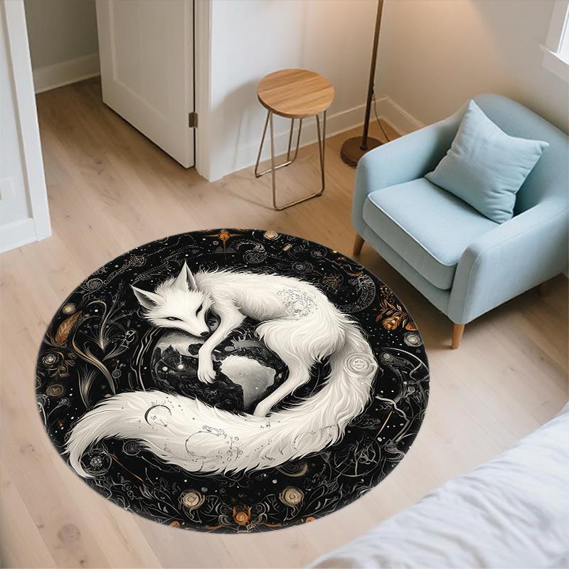 Black and White Fox,Round Area Rug,Carpet Rug for Living Room Bedroom Sofa Playroom Decor,Non-slip Floor Mat
