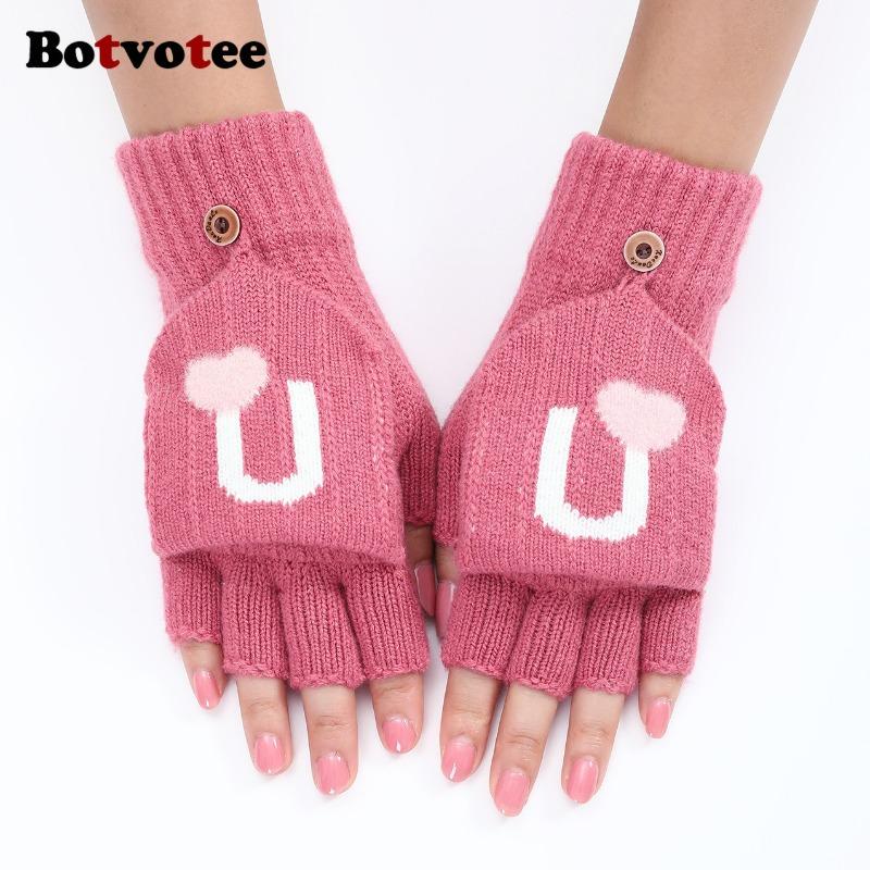Botvotee Black Gloves Fingerless Gloves Women Winter Women Arm Warmers Knit Y2k Accessories Fashion Pink Love Cute Arm Sleeve
