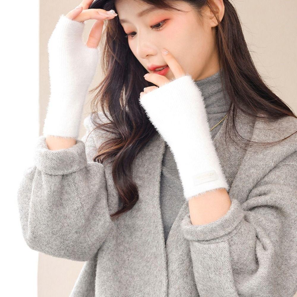 Winter Knitted Driving  Half Finger Gloves Faux Mink Wrist Arm Warmer Women Mittens
