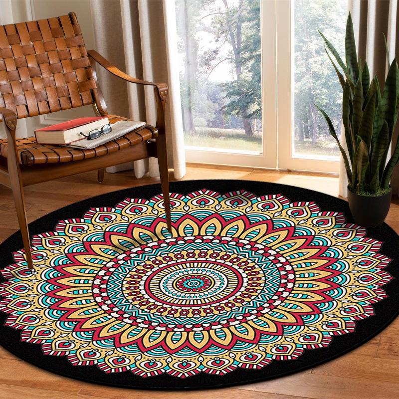 Bohemian Round Living Room Carpet Retro Decoration Bedroom Easy Cleaning Non-slip Rug Lounge Coffee Tables Washable Floor Mat
