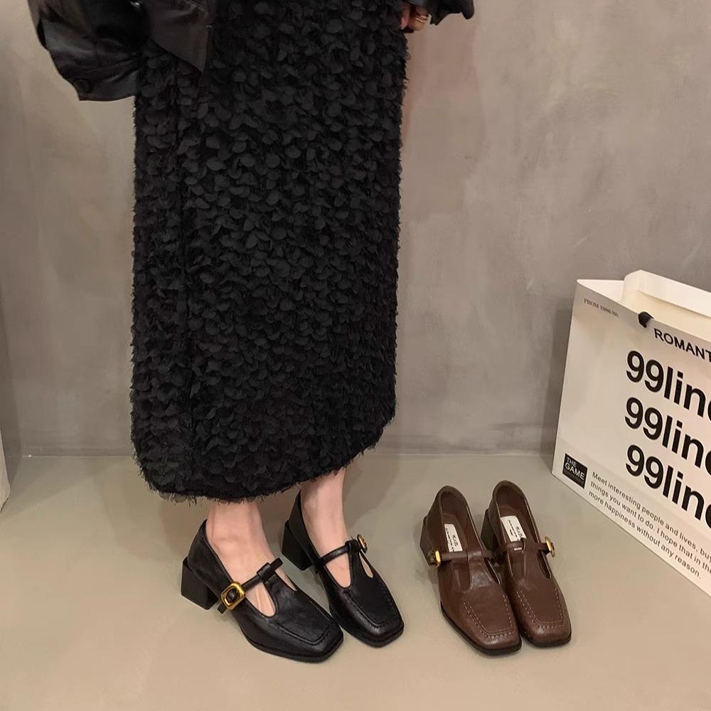 Nischdesign Tjock Klack Enkla Skor Loafers Tidig Höst Fyrkantig Tå Små Läderskor Fransk Retro Mary Jane Skor Damskor