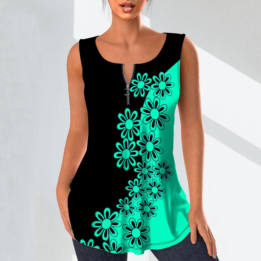 Women's Fashion V Neck Shirts Casual Tops T-shirt Ladies 3D Graffiti Flowers Print Vest Plus Size Sleeveless Blouse Tank Tops