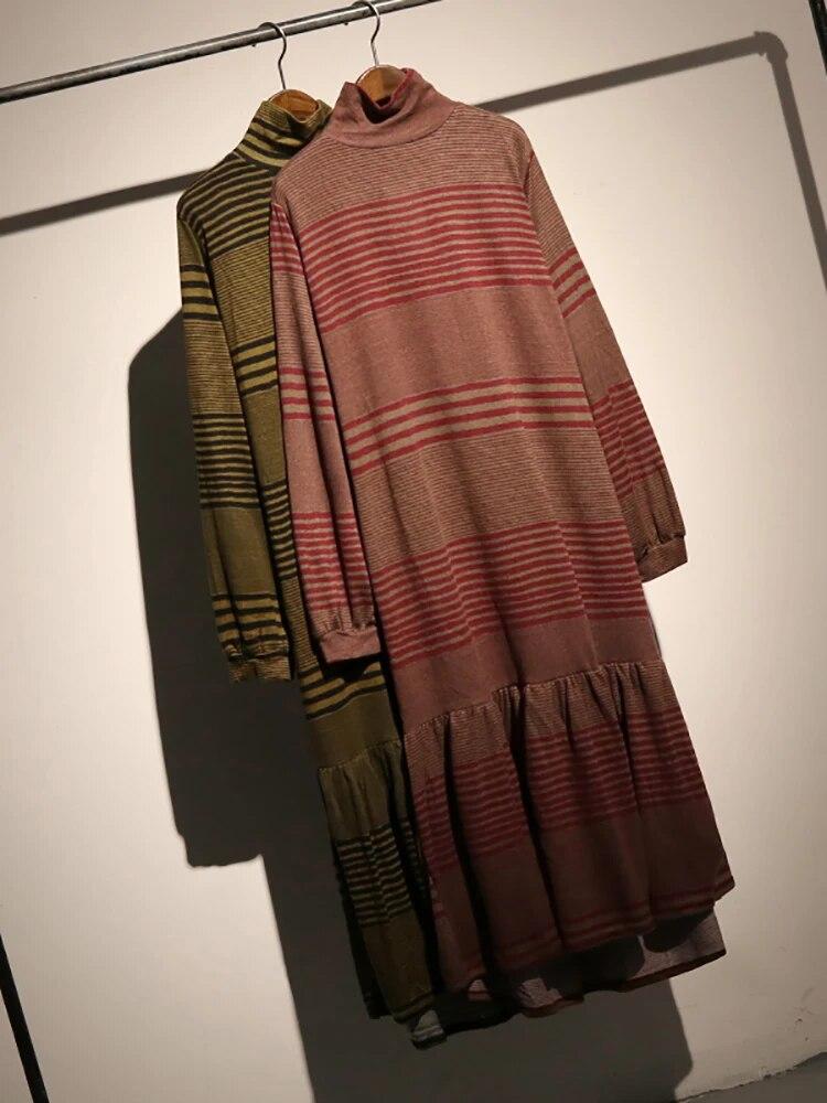 Xitao Pleated Knitted Dress Women Fashion Turtleneck Striped Casual Dress ZLL1516