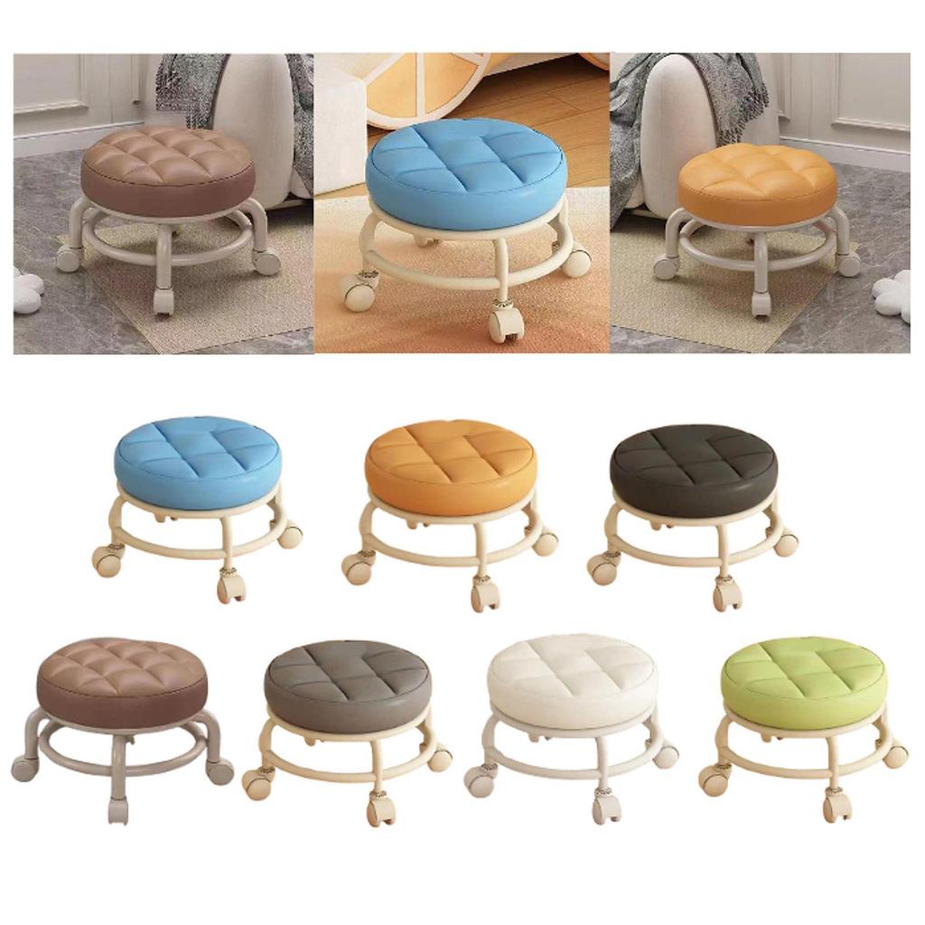 Roller Seat Rolling Stool Round Low Height Foot Rest with Wheel PU Leather for Living Room Bedside Porch Salon Pedicure Home