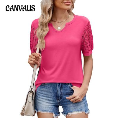 Dam Vår Sommar Enfärgad V-hals Spetslappverk Kortärmad Lös T-shirt Topp