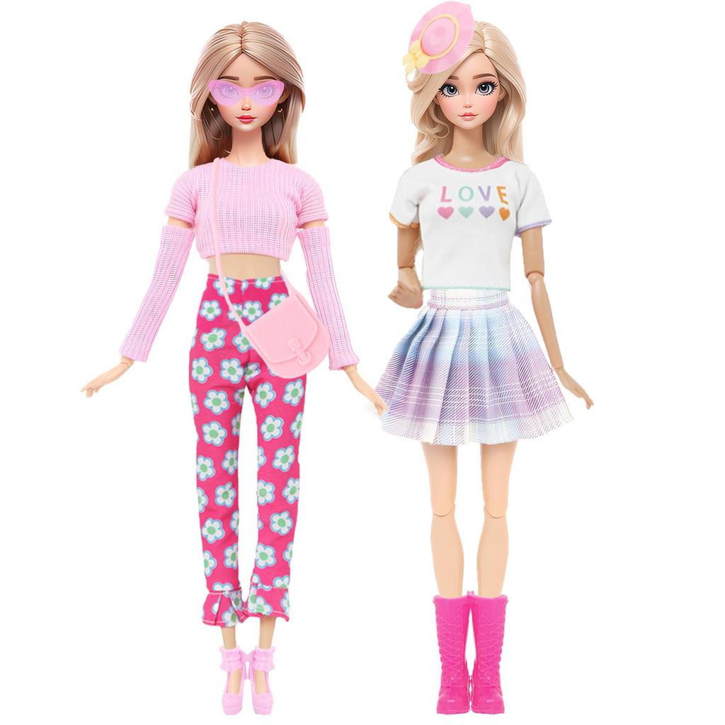 Pink Set 10 pcs 11.5'' Girl Doll Accessories 2 Tops Pants Shoes 1 Glasses Handbang Arm Sleeves Random Hairpin Kids Toy Gift