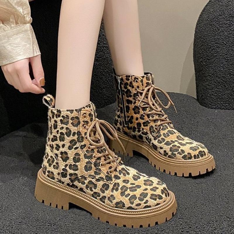 Fashionable Versatile Leopard Print Women's Boots Autumn Winter New Casual Comfortable Midsole Cotton Boots Snow Boots
