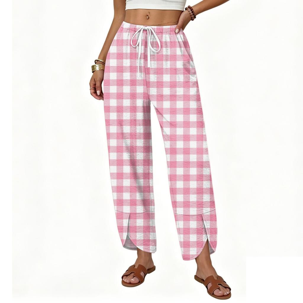 Women Casual Loose Straight Wide Leg Pants with Button and Printed Pattern Drawstring Waist Long Trousers