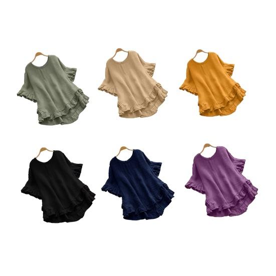 Women Tops Round Neck Short Sleeve Loose Fit Pullover Tops Pure Color Ruffle Hem